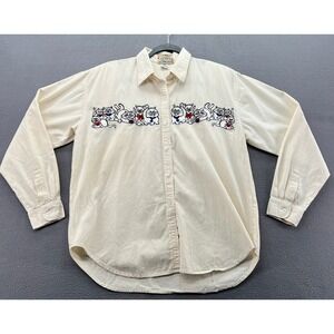 VTG Ultra Shirt Womens Cream Cotton Cat Embroidered Button Down Sz Large
